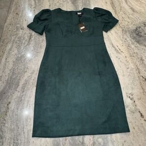NWT DKNY Women's 12 Large Faux Suede Forest Green Dress Mini Short Sleeve